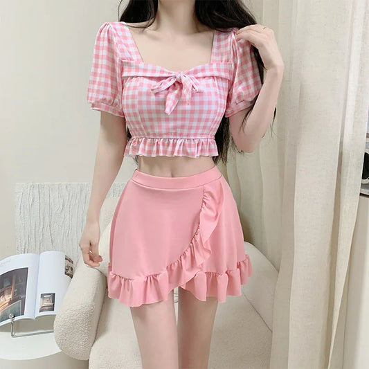 Gingham Bow Bikini Set – Sweet Korean Ruffle Skirt Swimwear
