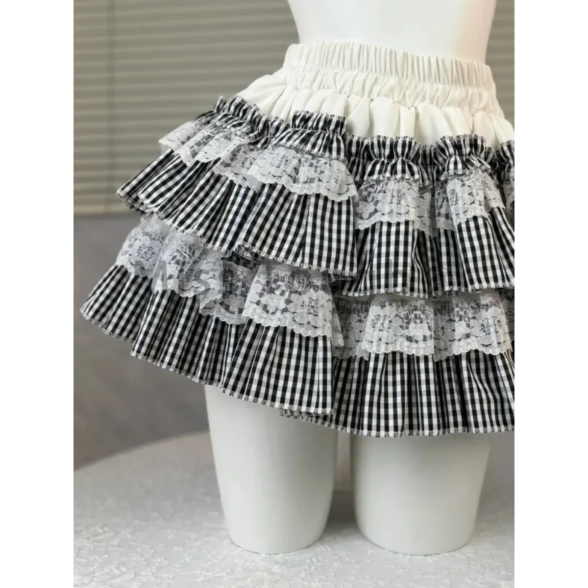 Gingham Layered Lolita Skirt – Lace Trim High Waist Kawaii