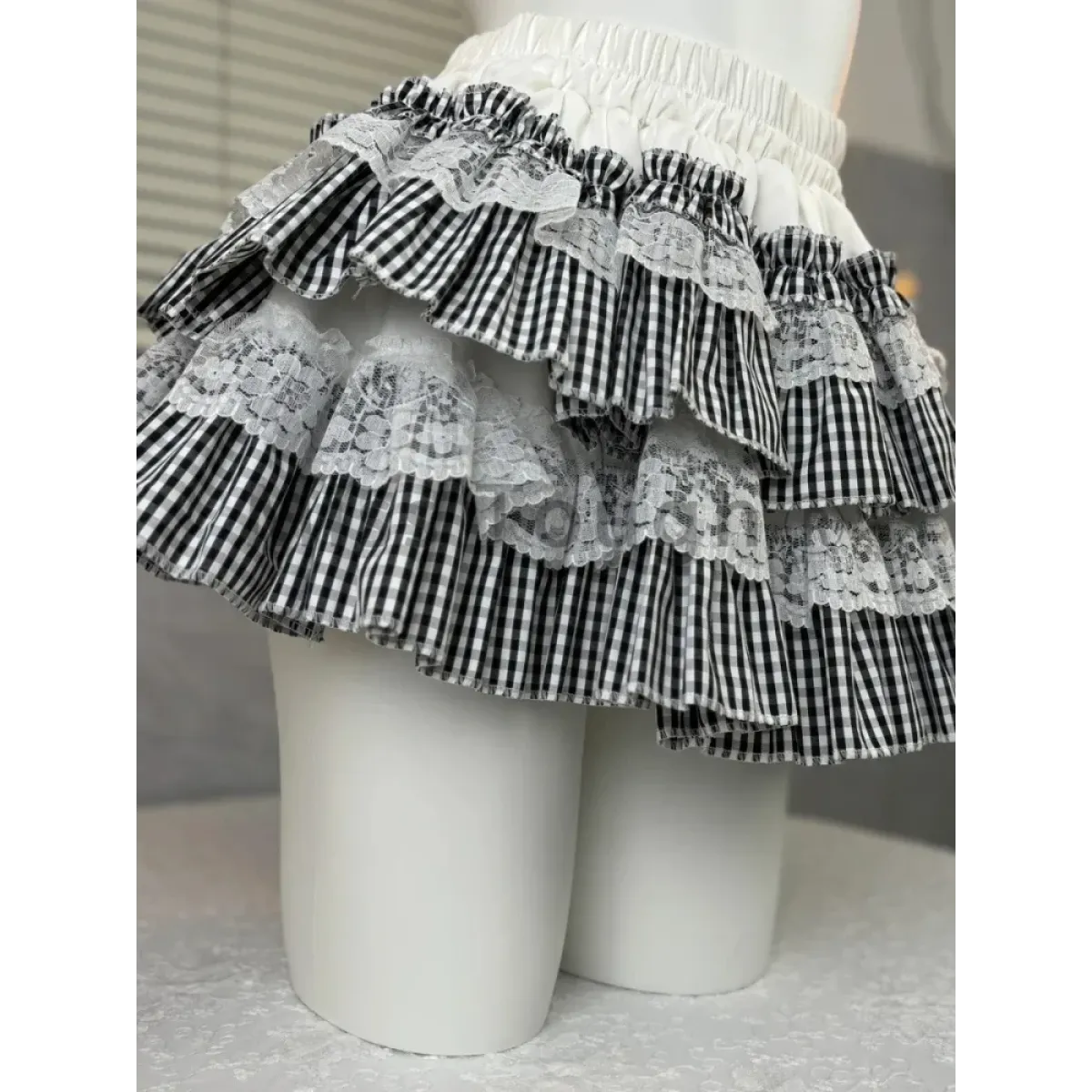 Gingham Layered Lolita Skirt – Lace Trim High Waist Kawaii