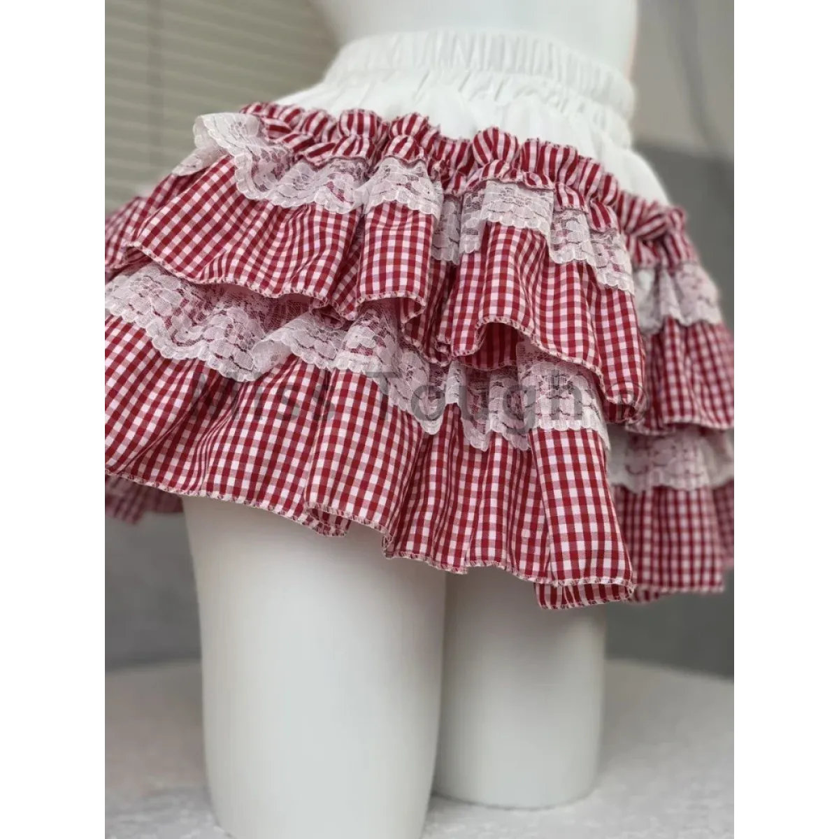 Gingham Layered Lolita Skirt – Lace Trim High Waist Kawaii