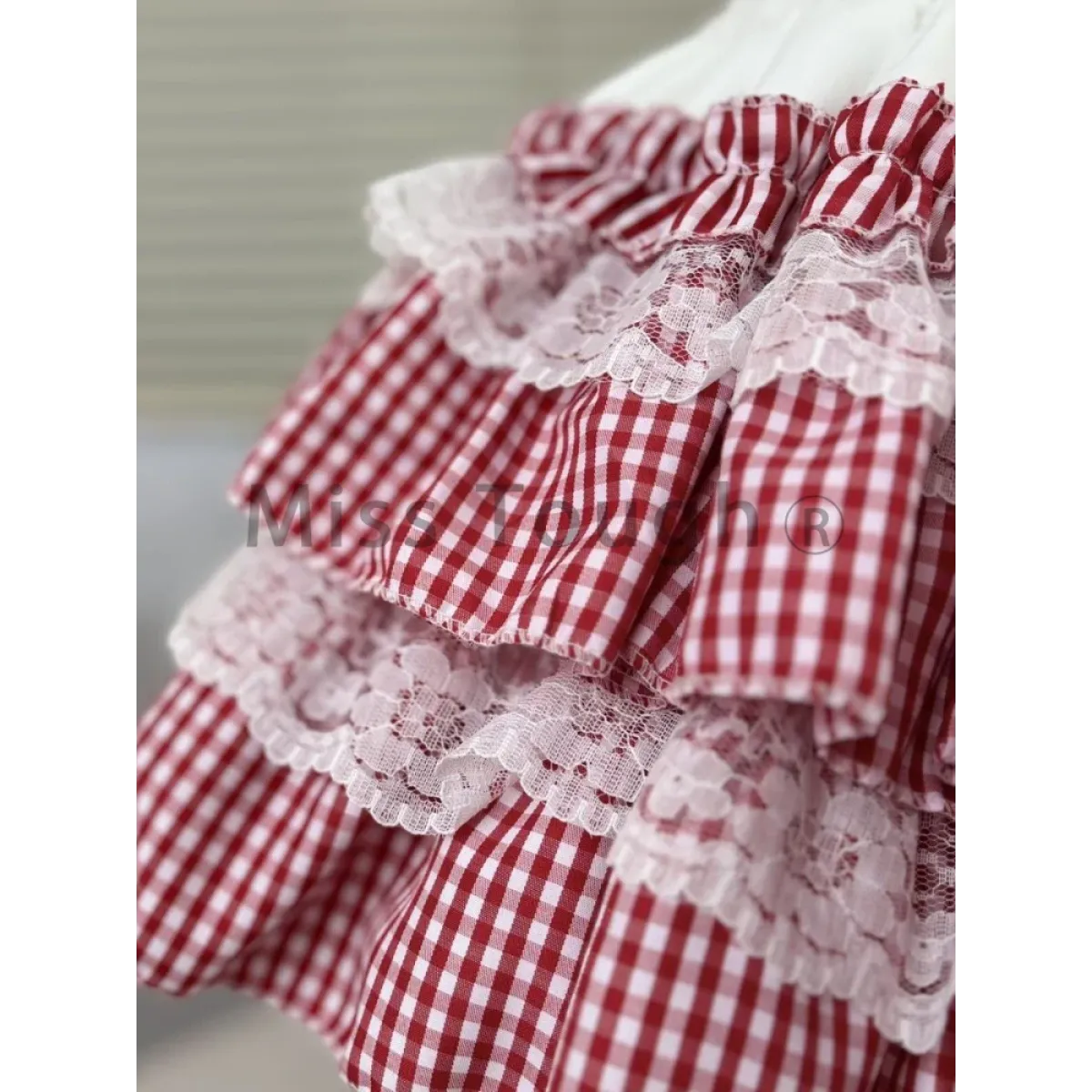 Gingham Layered Lolita Skirt – Lace Trim High Waist Kawaii