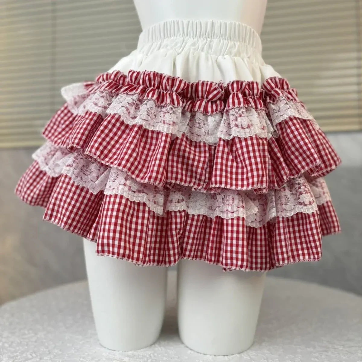 Gingham Layered Lolita Skirt – Lace Trim High Waist Kawaii