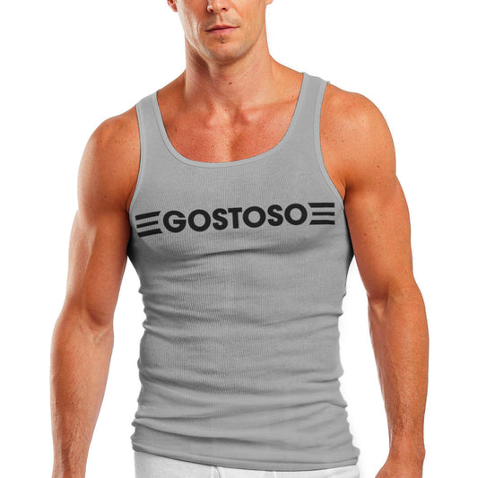 Gostoso Logotipo Stripes Print Ribbed Tank Top in Light Gray & Black - Men's Tank Tops - CLEARANCE / FINAL SALES