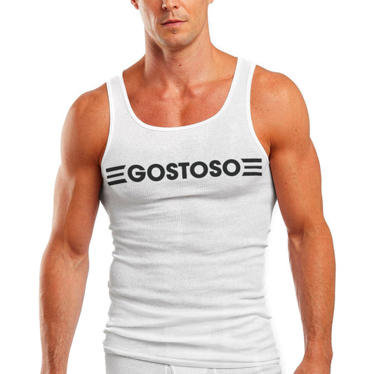 Gostoso Logotipo Stripes Print Ribbed Tank Top in White & Black - Men's Tank Tops - CLEARANCE / FINAL SALES
