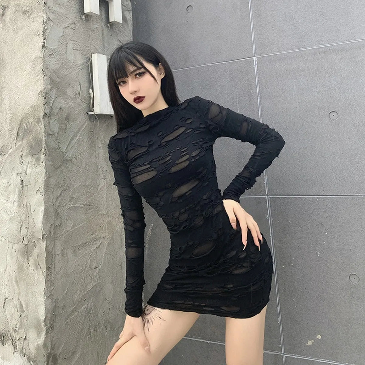 Ripped Gothic Black Mini Dress
