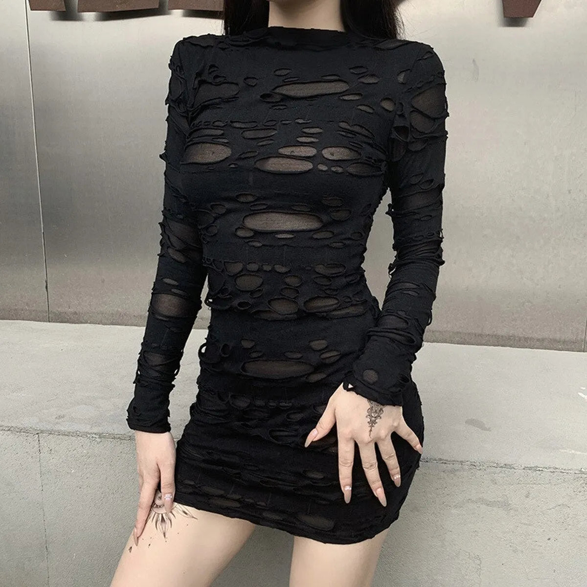 Ripped Gothic Black Mini Dress