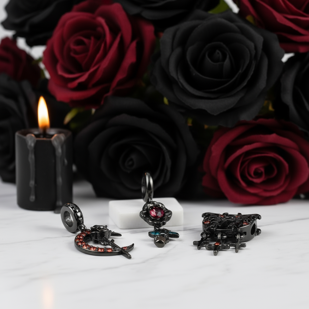 Gothic Black Moon Rose & Butterfly Charm Series