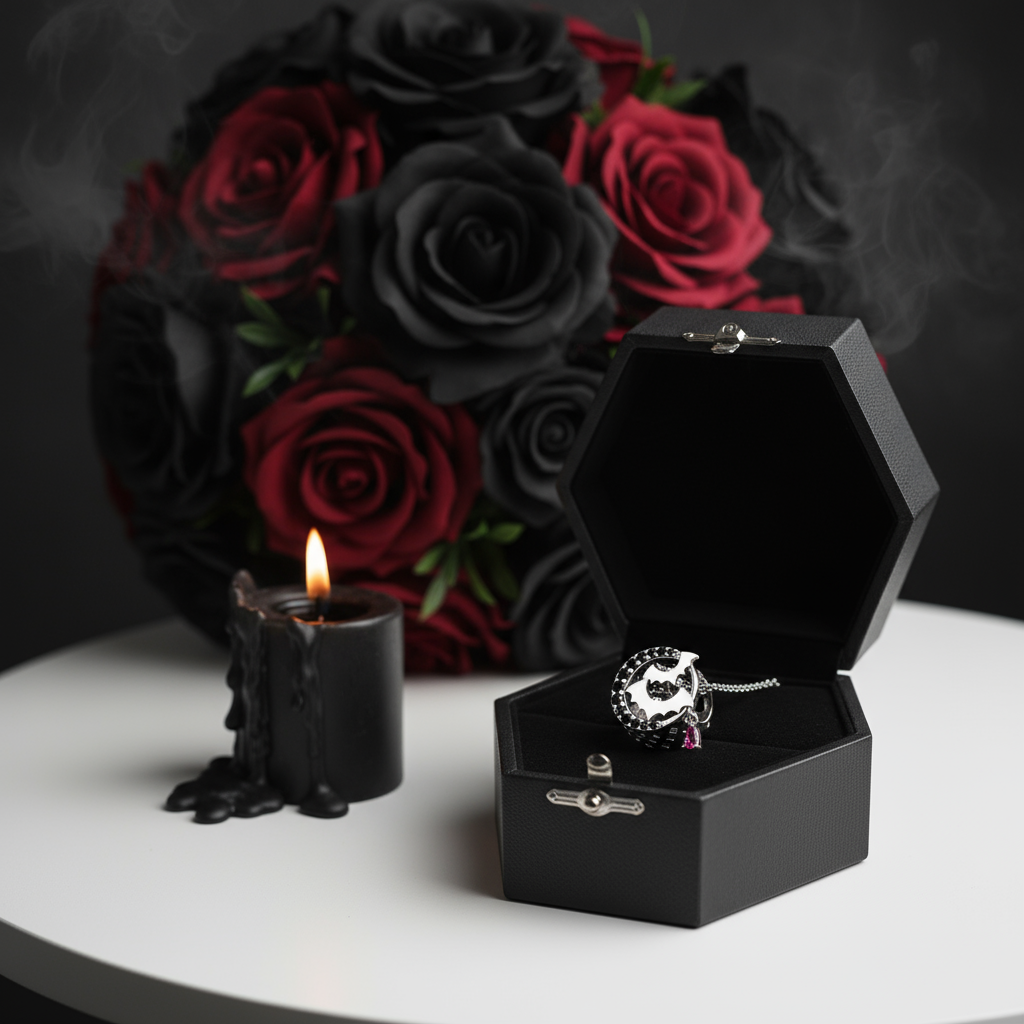 Gothic Flower Moon Bat & Vintage Style Hanging Beads