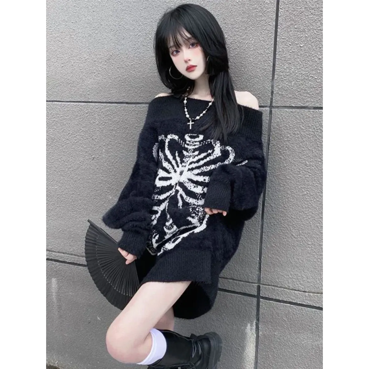 Black Skull Print Harajuku Sweater – Gothic Grunge Y2K Knitwear