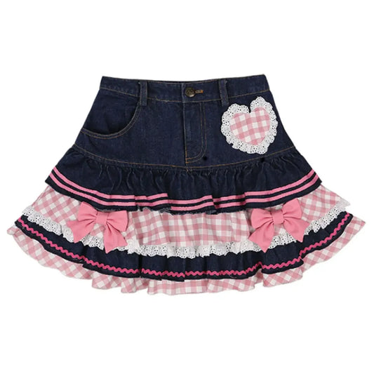 Sweet Mini Denim Skirt - Gothic Lace Plaid Hearts Ruffled Skirt