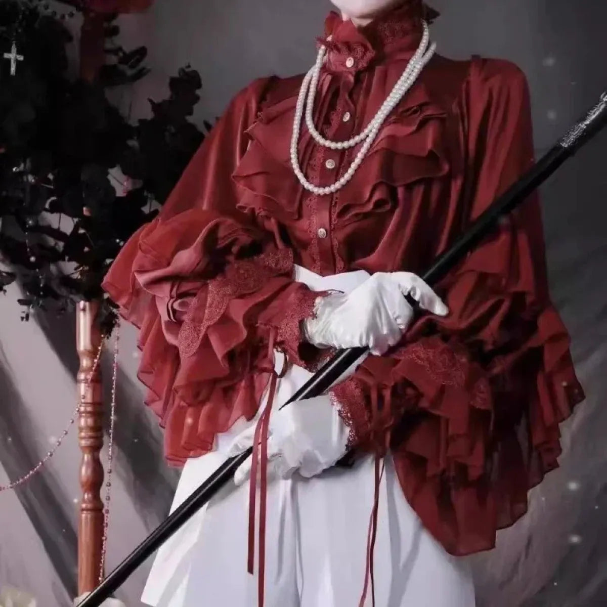 Gothic Lolita Ruffle Blouse – High Neck Lace Lantern Sleeves