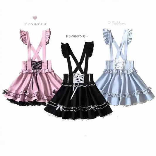 Gothic Lolita Suspender Skirt – Ruffle Lace Bow Mini Skirt