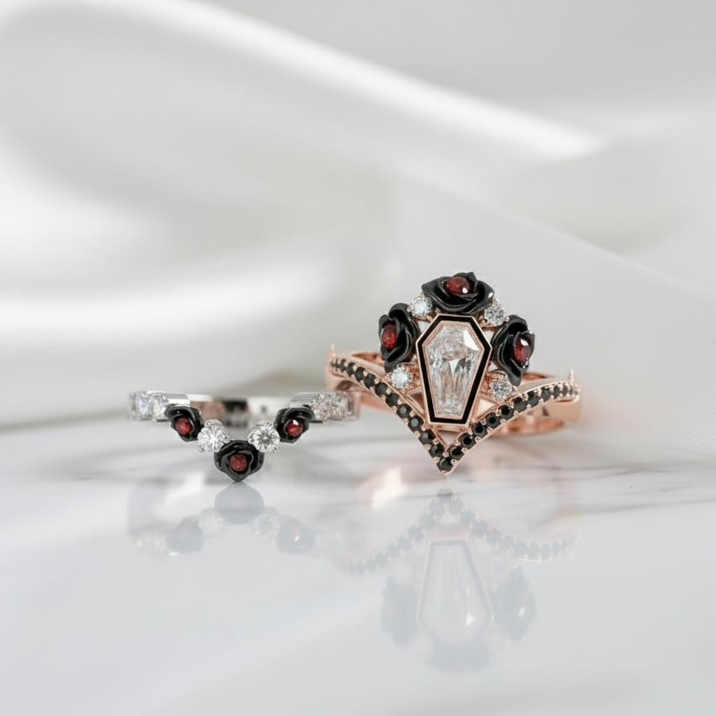 Gothic Romance Wedding Rings- Coffin Cut Diamond with Black Roses in 14k White Gold Band with Thorns