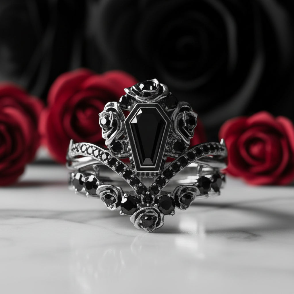 Gothic Romance Wedding Rings- Coffin Cut Diamond with Black Roses in 14k White Gold Band with Thorns