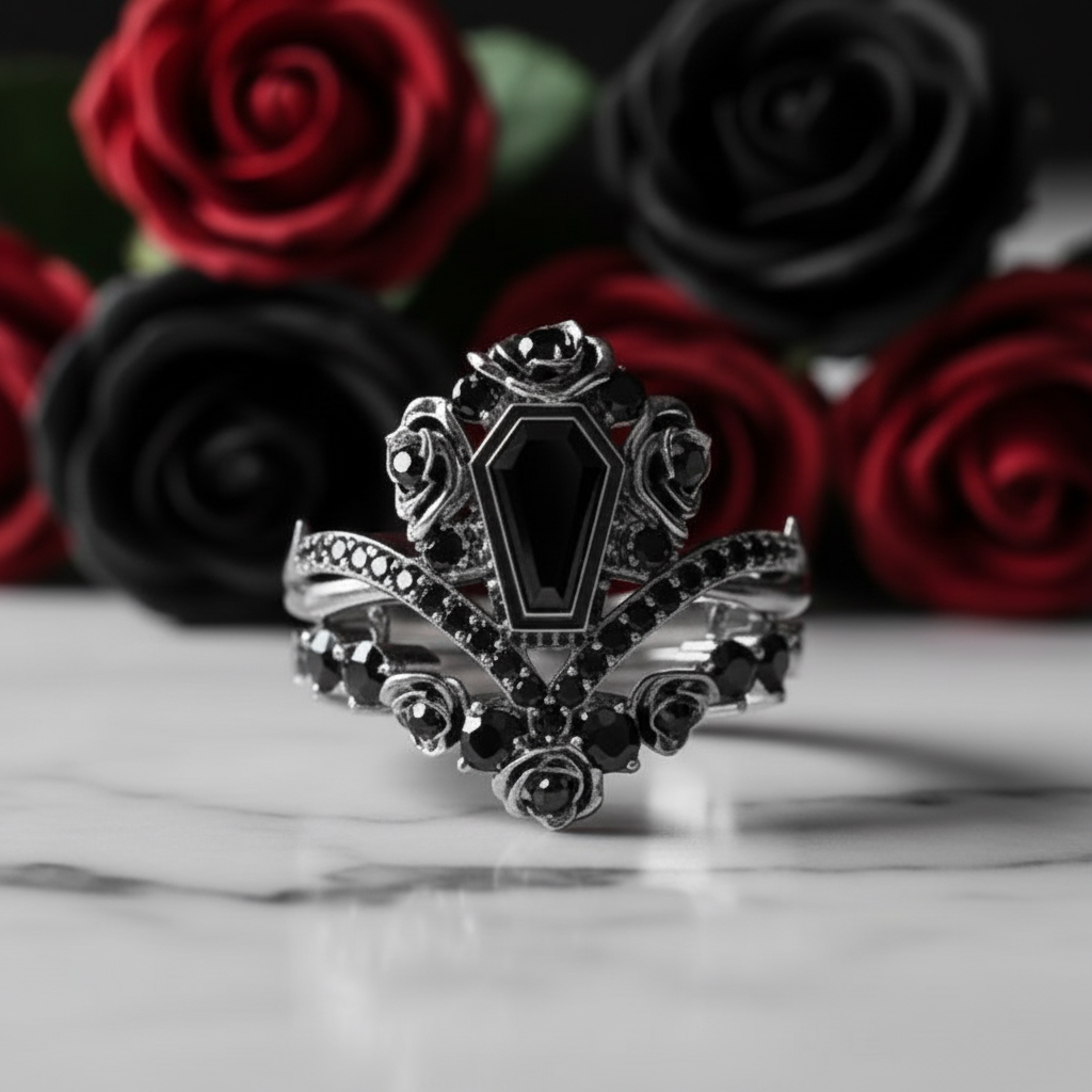 Gothic Romance Wedding Rings- Coffin Cut Diamond with Black Roses in 14k White Gold Band with Thorns