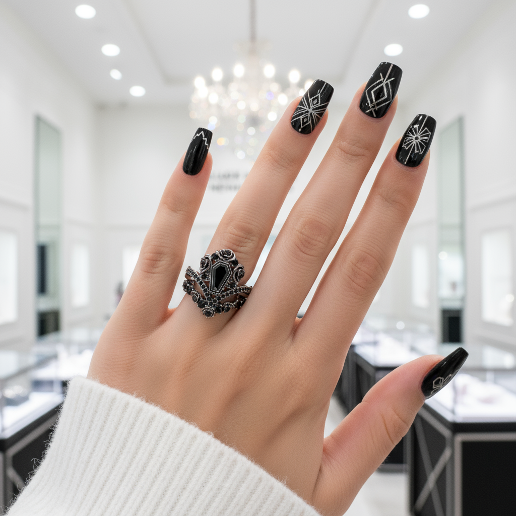 Gothic Romance Wedding Rings- Coffin Cut Diamond with Black Roses in 14k White Gold Band with Thorns