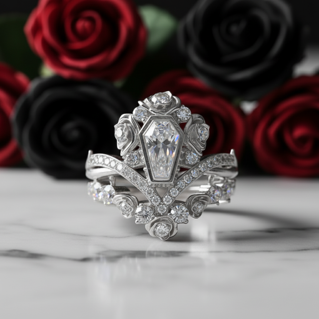 Gothic Romance Wedding Rings- Coffin Cut Diamond with Black Roses in 14k White Gold Band with Thorns