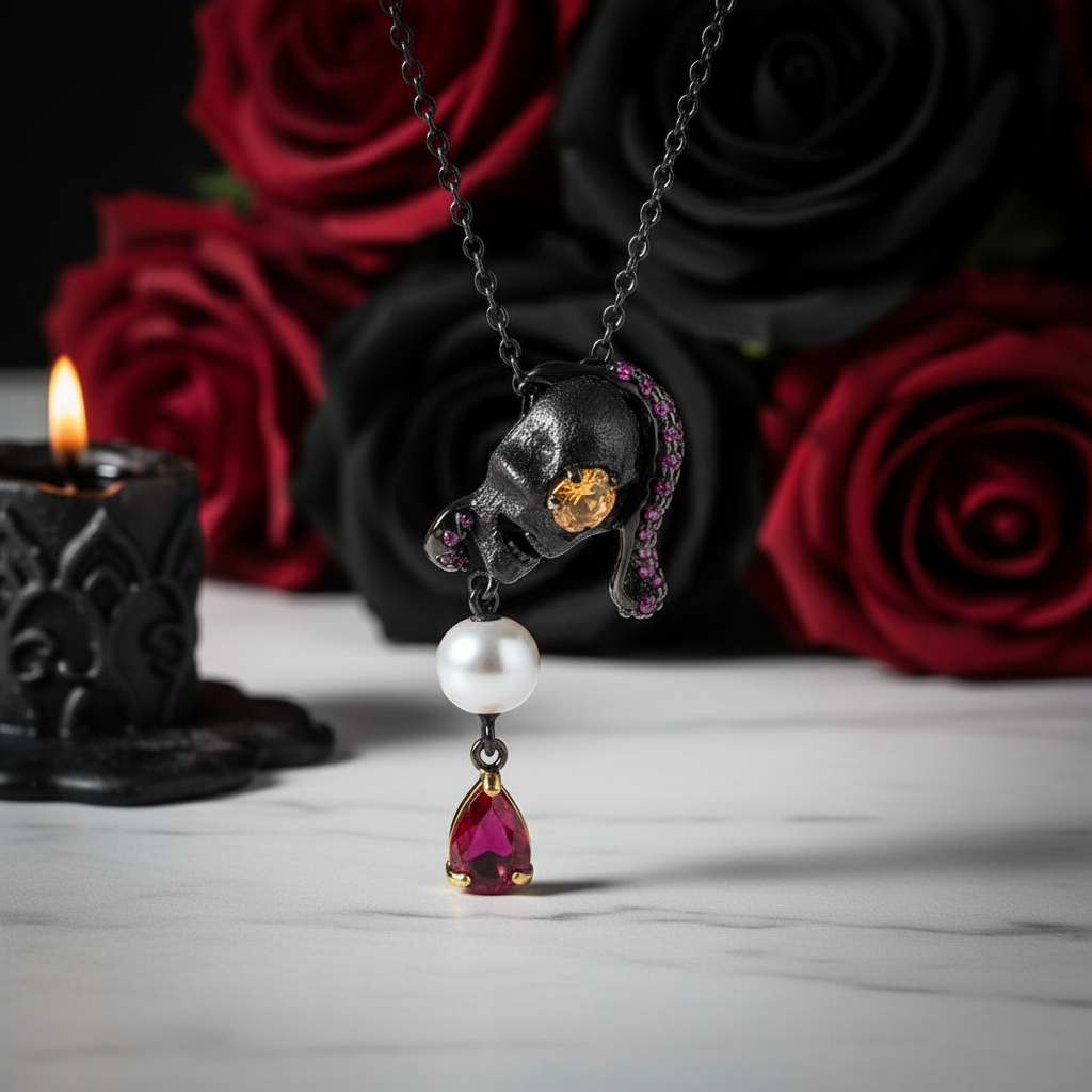 Gothic Skull with Freshwater Pearl Necklace