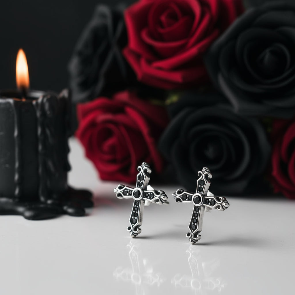 Gothic Stud Earrings with Black Diamond