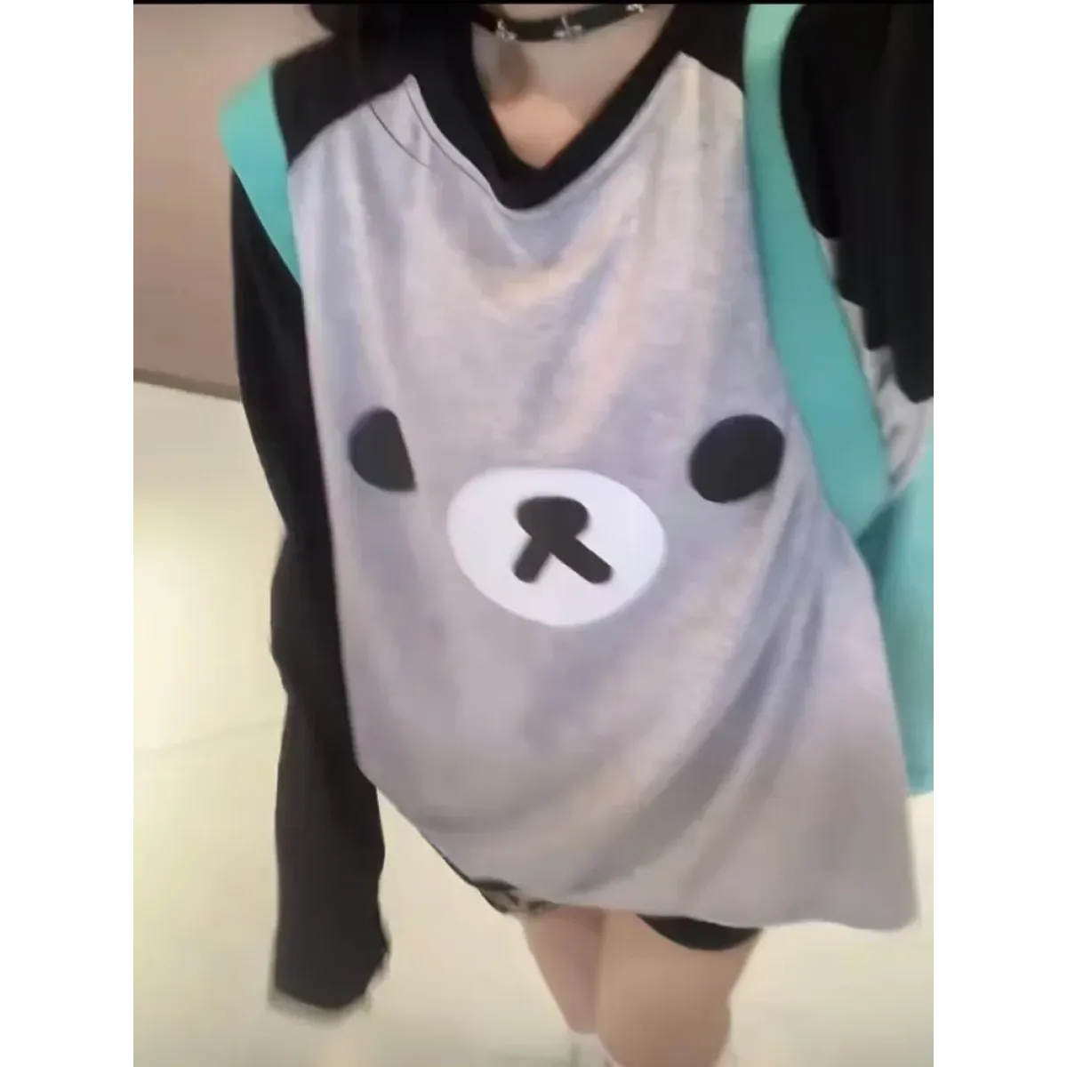 Gray Kawaii Bear Oversized T-Shirt – Harajuku Long Sleeve Top Y2K Style
