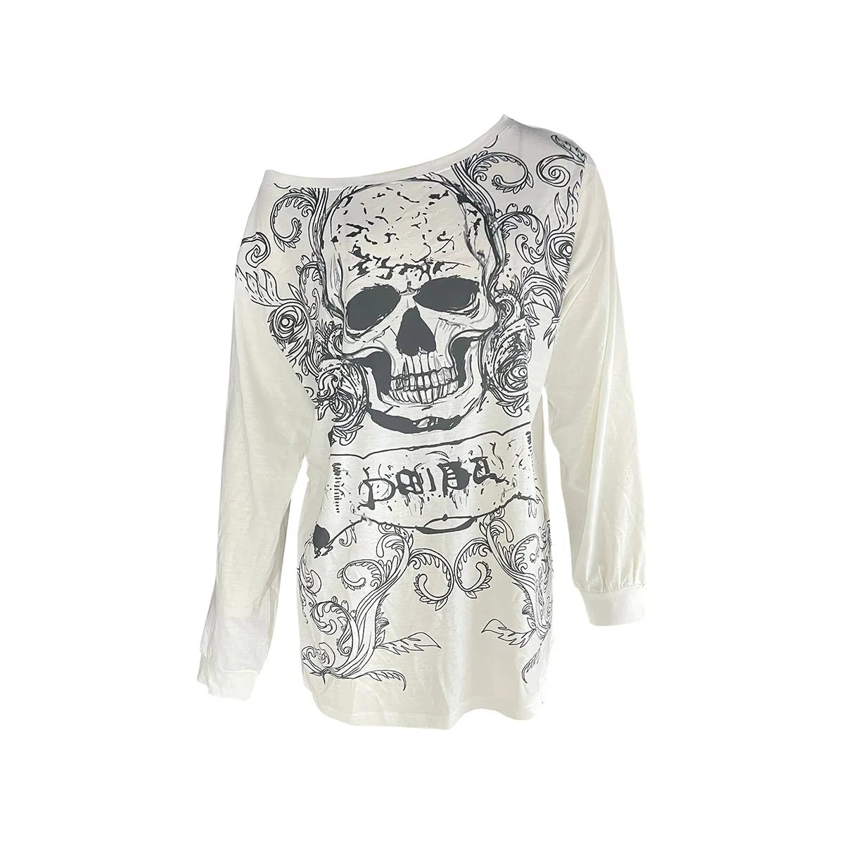 Skull Print Long Sleeve T-Shirt – Grunge Y2K Punk Pullover Top