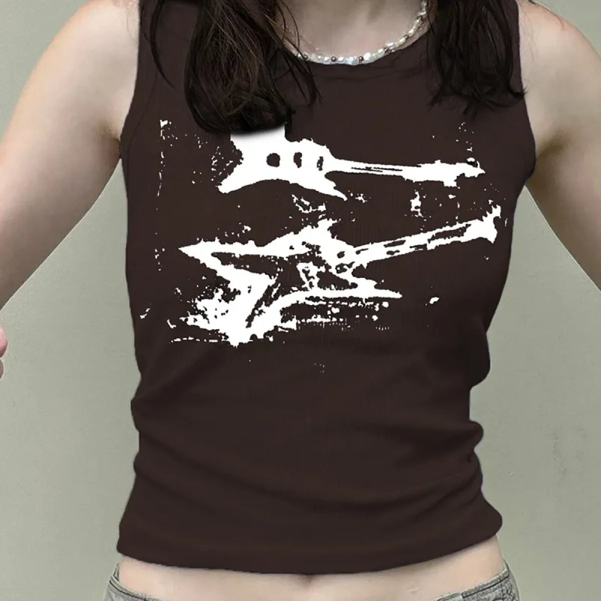 Guitar Print Tank Top - Ribbed Grunge Crop Top