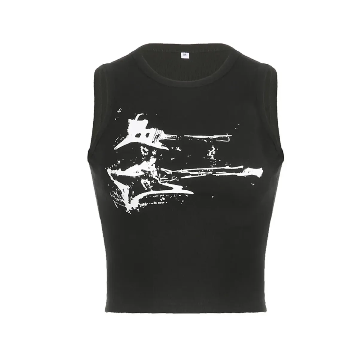 Guitar Print Tank Top - Ribbed Grunge Crop Top