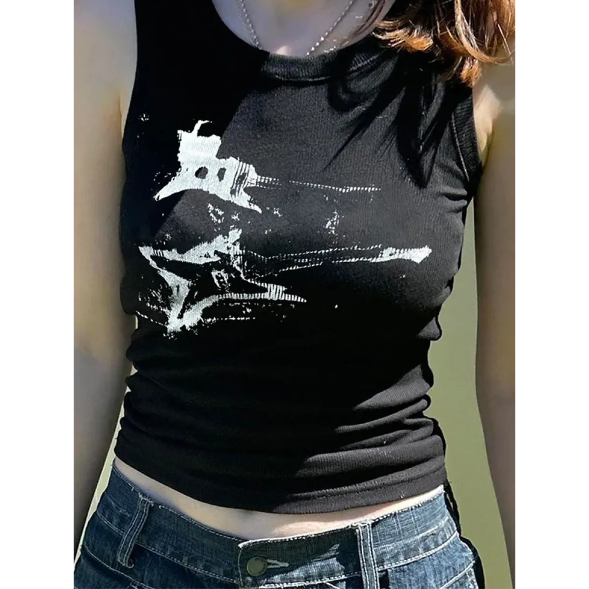 Guitar Print Tank Top - Ribbed Grunge Crop Top