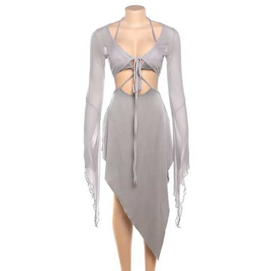 Gray Mesh Two-Piece Set – Halter Cutout Dress & Lace-Up Top