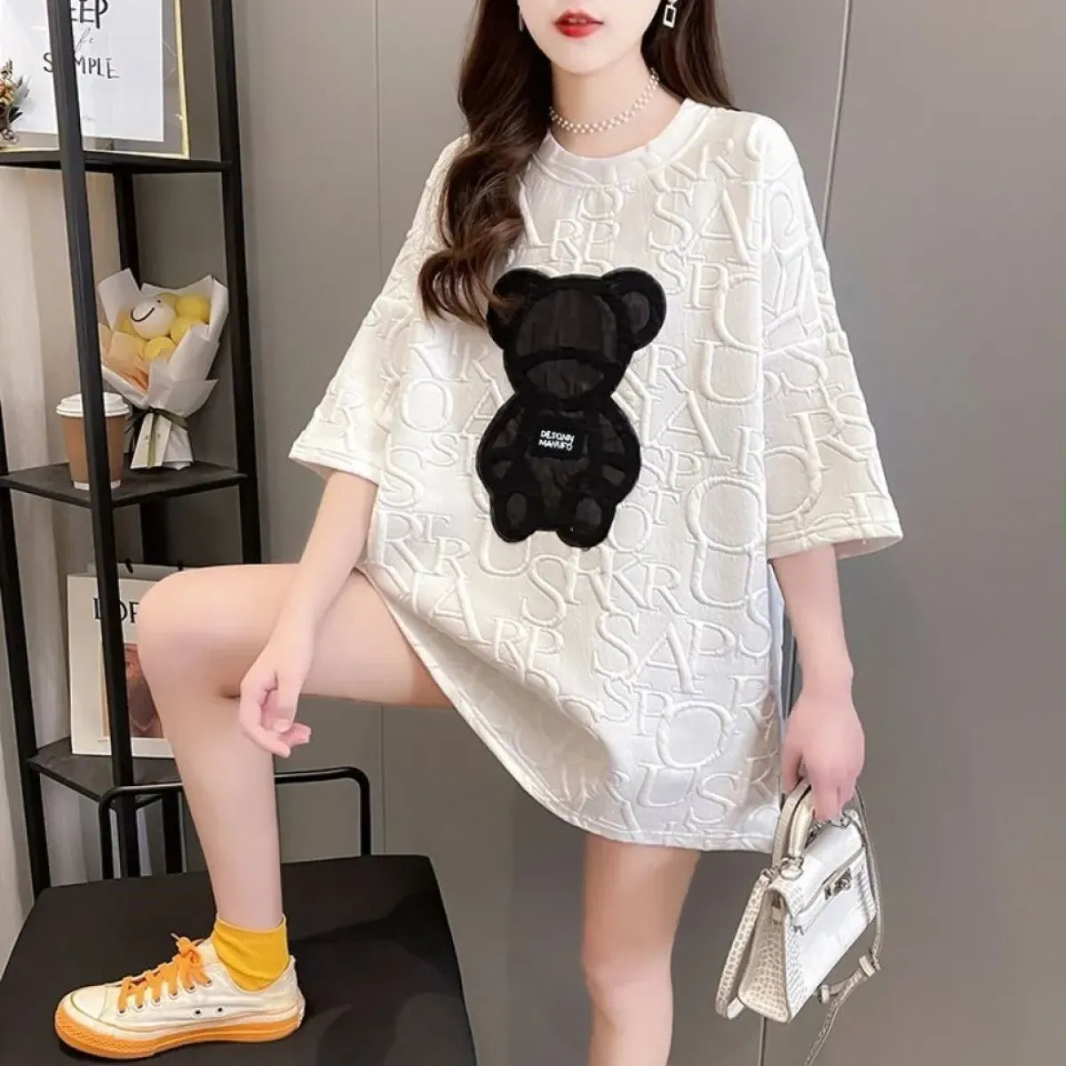 Harajuku Bear Jacquard T-shirt - Plus Size Loose Summer Tee