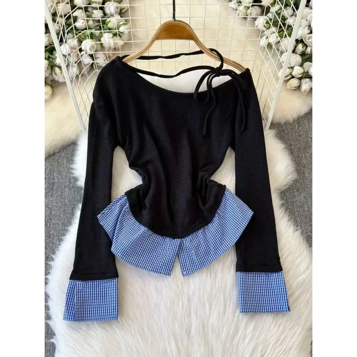 Off-Shoulder Plaid Patchwork Top – Harajuku Retro Style