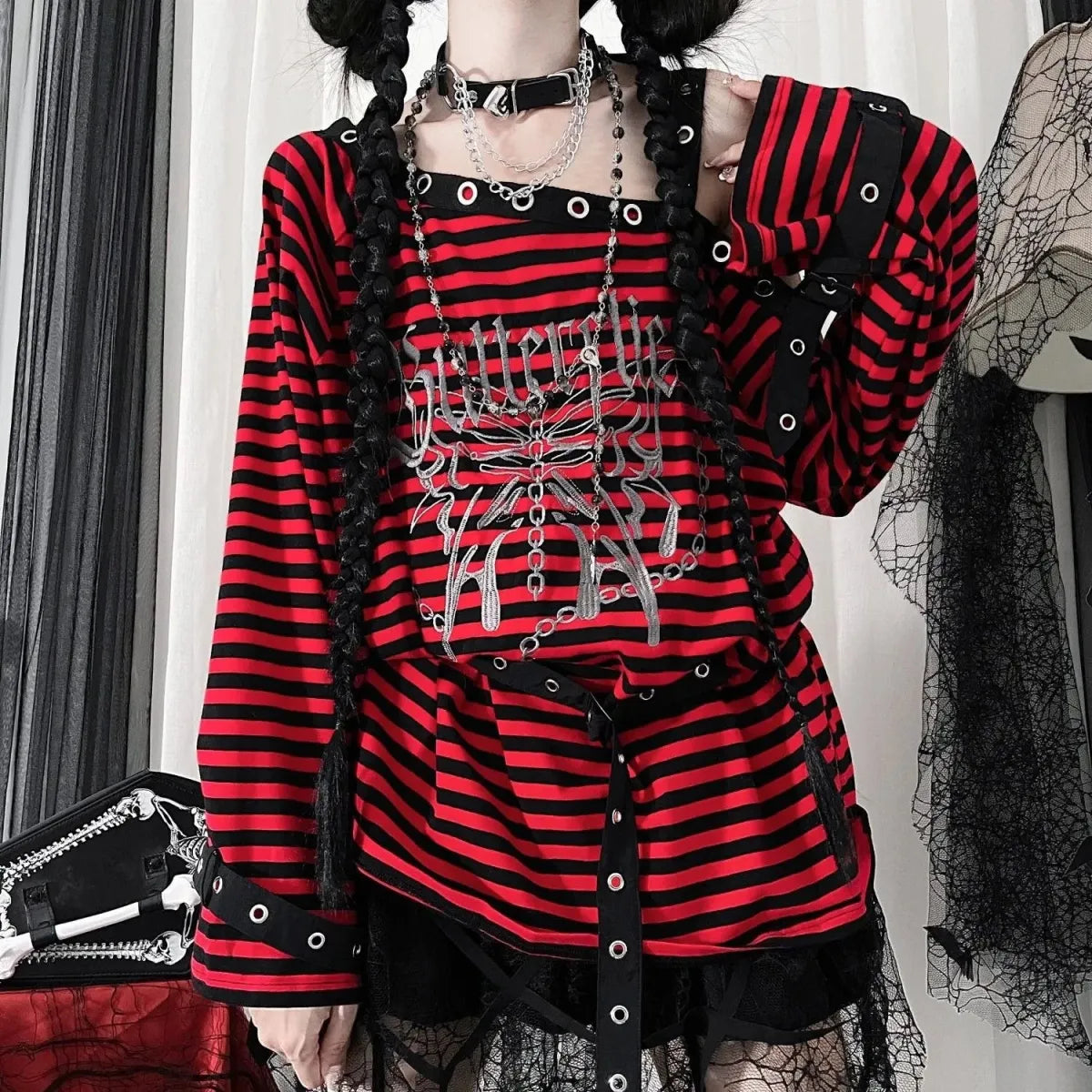 Striped Gothic Punk Top & Leg Warmers – Harajuku Y2K Grunge