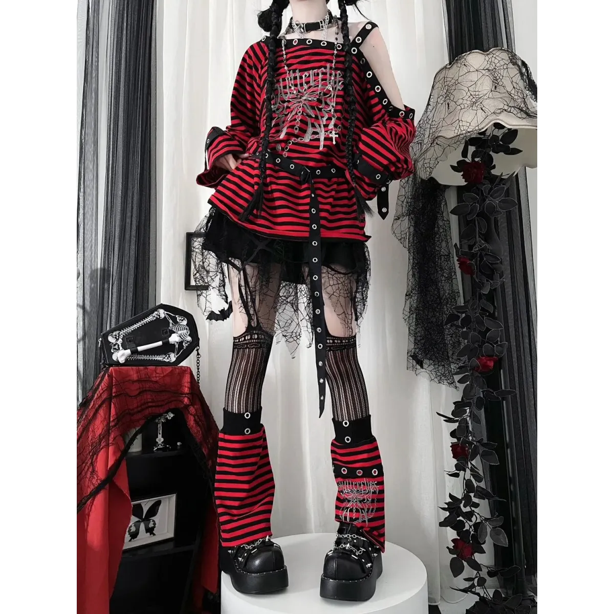 Striped Gothic Punk Top & Leg Warmers – Harajuku Y2K Grunge