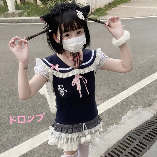 Kawaii Panda Embroidered Sailor Top – Harajuku Y2K Lace Tee