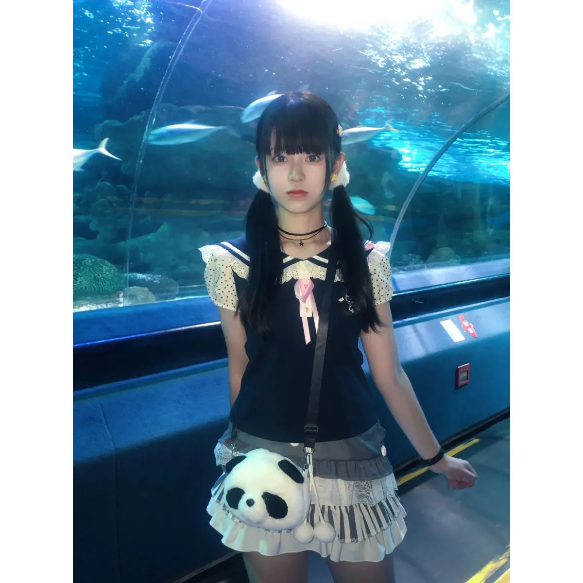 Kawaii Panda Embroidered Sailor Top – Harajuku Y2K Lace Tee