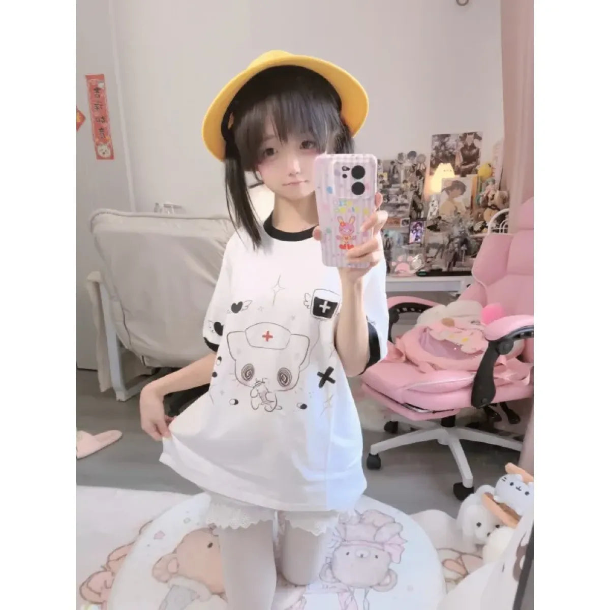 Kawaii Nurse Bear Oversized Tee – Harajuku Y2K Pastel Shirt