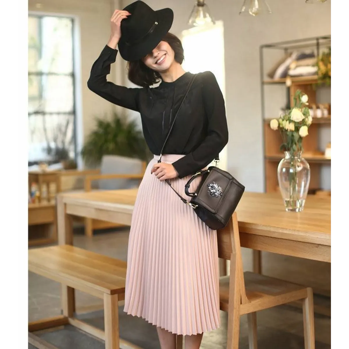 High Waist Pleated Length Elastic Skirt