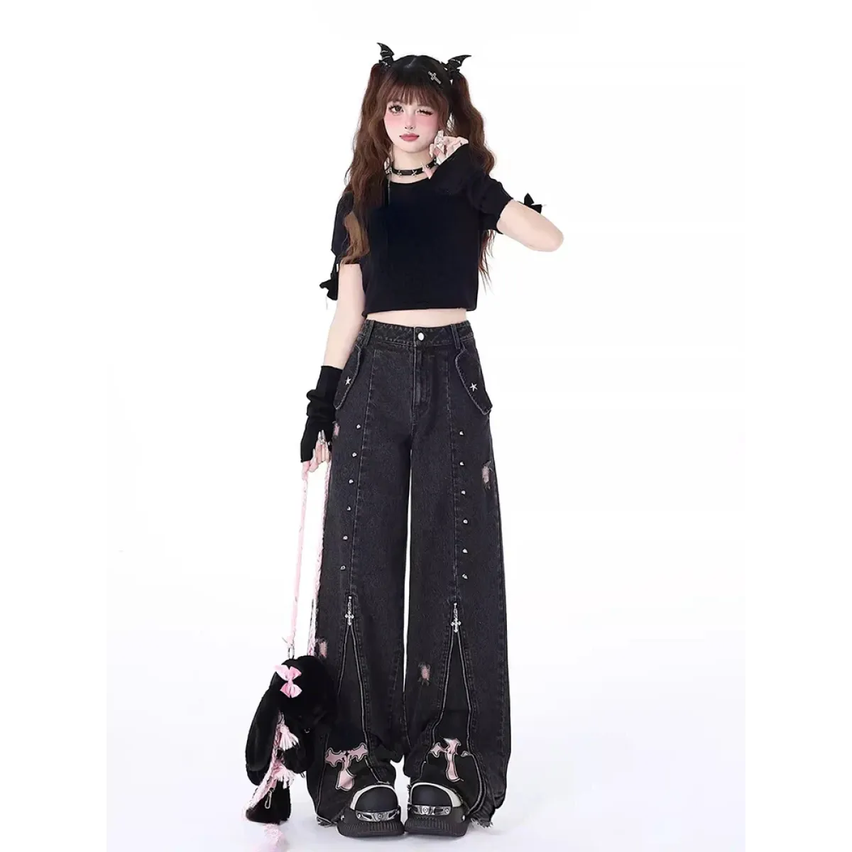 Gothic Harajuku Baggy Jeans – High Waist Y2K Denim Pants