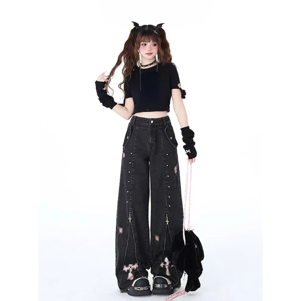 Gothic Harajuku Baggy Jeans – High Waist Y2K Denim Pants