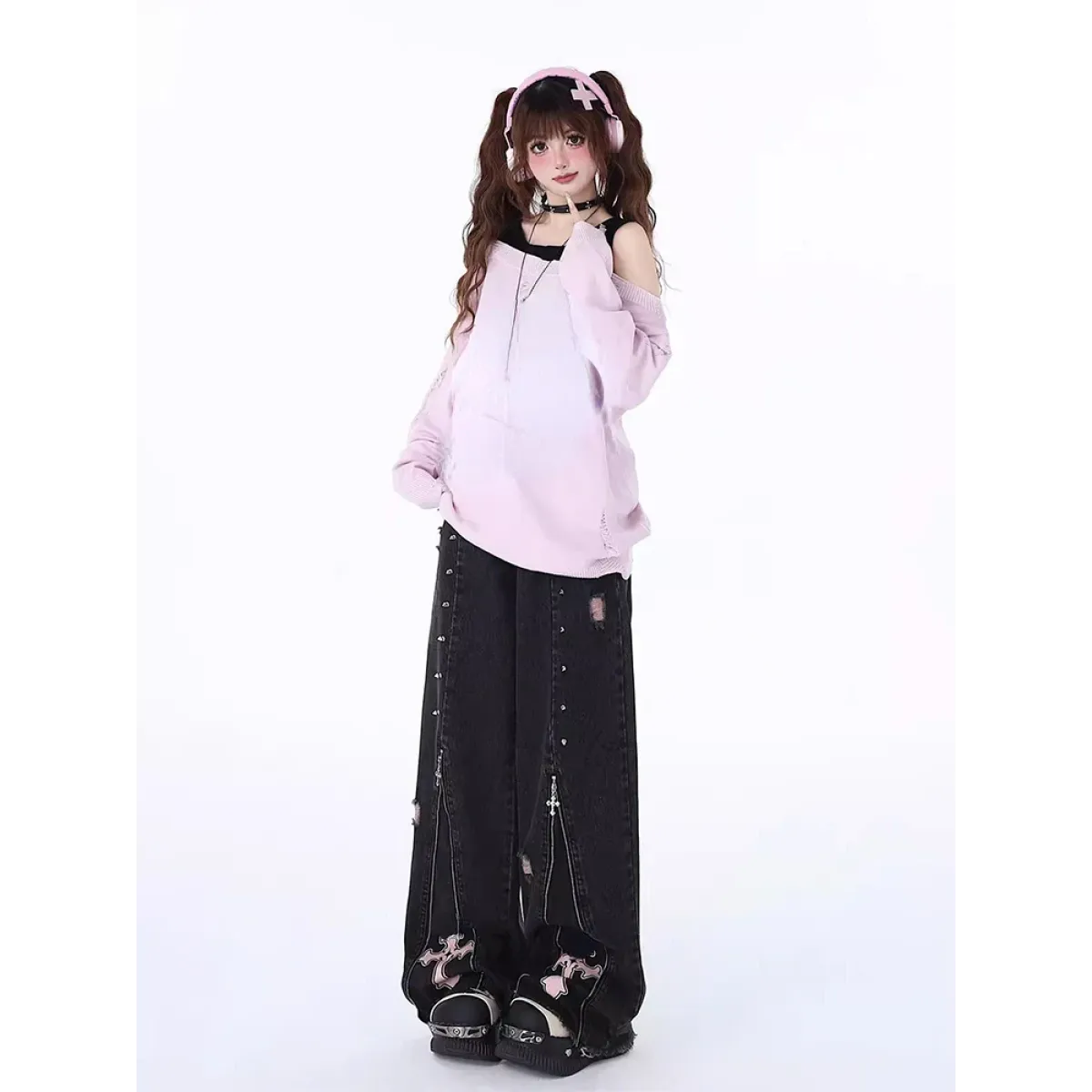Gothic Harajuku Baggy Jeans – High Waist Y2K Denim Pants