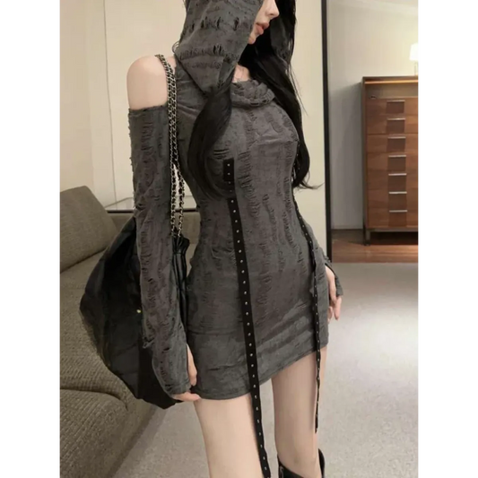 Hooded Gothic Dress – Distressed Slim High Street Style