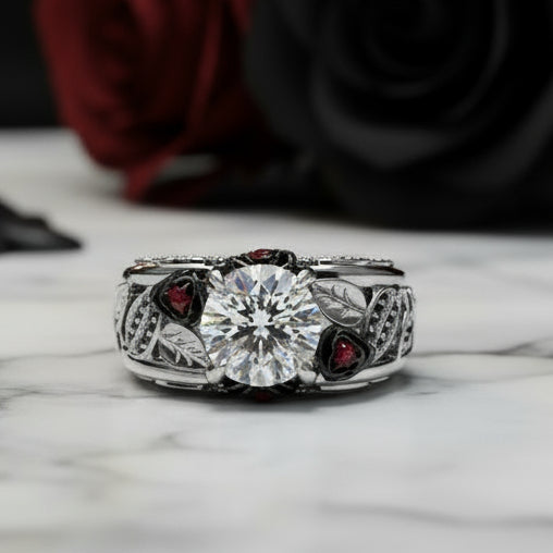 I Want You Promise Ring- 1.5 ct Round Cut Diamond and Black Roses Gothic Ring