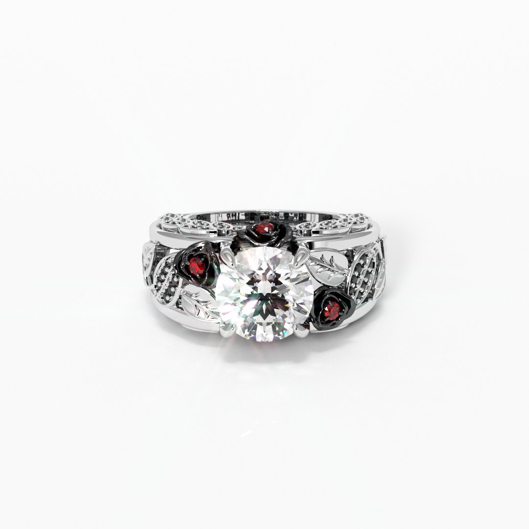 I Want You Promise Ring- 1.5 ct Round Cut Diamond and Black Roses Gothic Ring