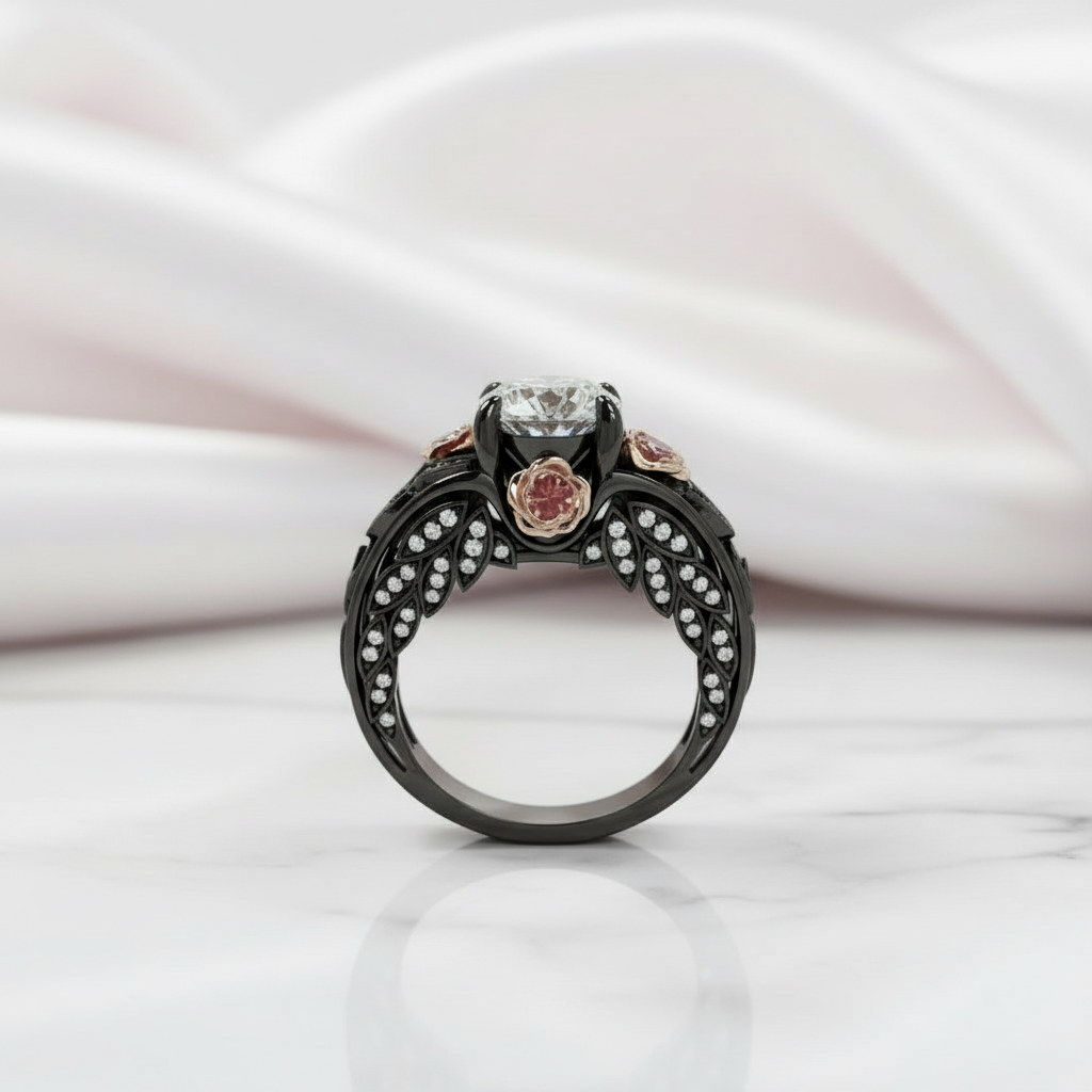 I Want You Promise Ring- 1.5 ct Round Cut Diamond and Black Roses Gothic Ring
