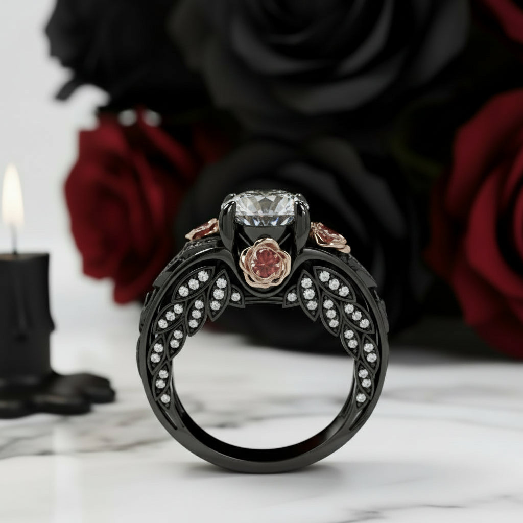 I Want You Promise Ring- 1.5 ct Round Cut Diamond and Black Roses Gothic Ring