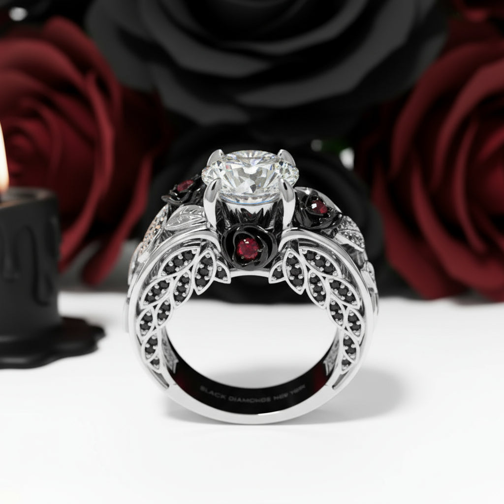 I Want You Promise Ring- 1.5 ct Round Cut Diamond and Black Roses Gothic Ring