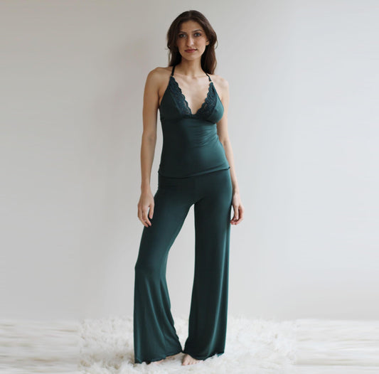 Womens Bamboo Pajama Set with lace trim