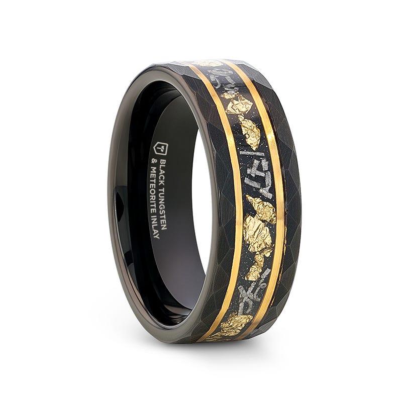 INFINIA Black Tungsten Band with Meteorite Inlay and Gold Flakes - 8mm