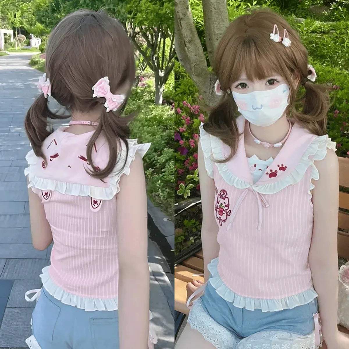 Kawaii Pink Sailor Collar Vest – Japanese Harajuku Y2K Cute Women's T-Shirt