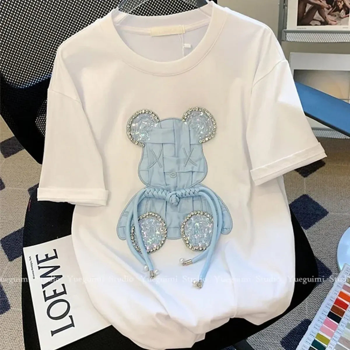 Kawaii Cartoon Diamond Bear Beaded T-Shirt